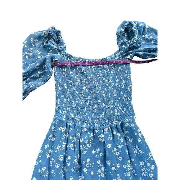 Reformation Elle Blue Floral Smocked Puff Sleeve Square Neck Mini Dress Size 2 - Picture 6 of 10